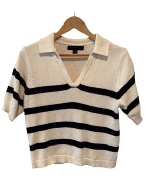 Sanctuary Striped Knit Polo Sweater Cream Black Short Sleeve Size Medium